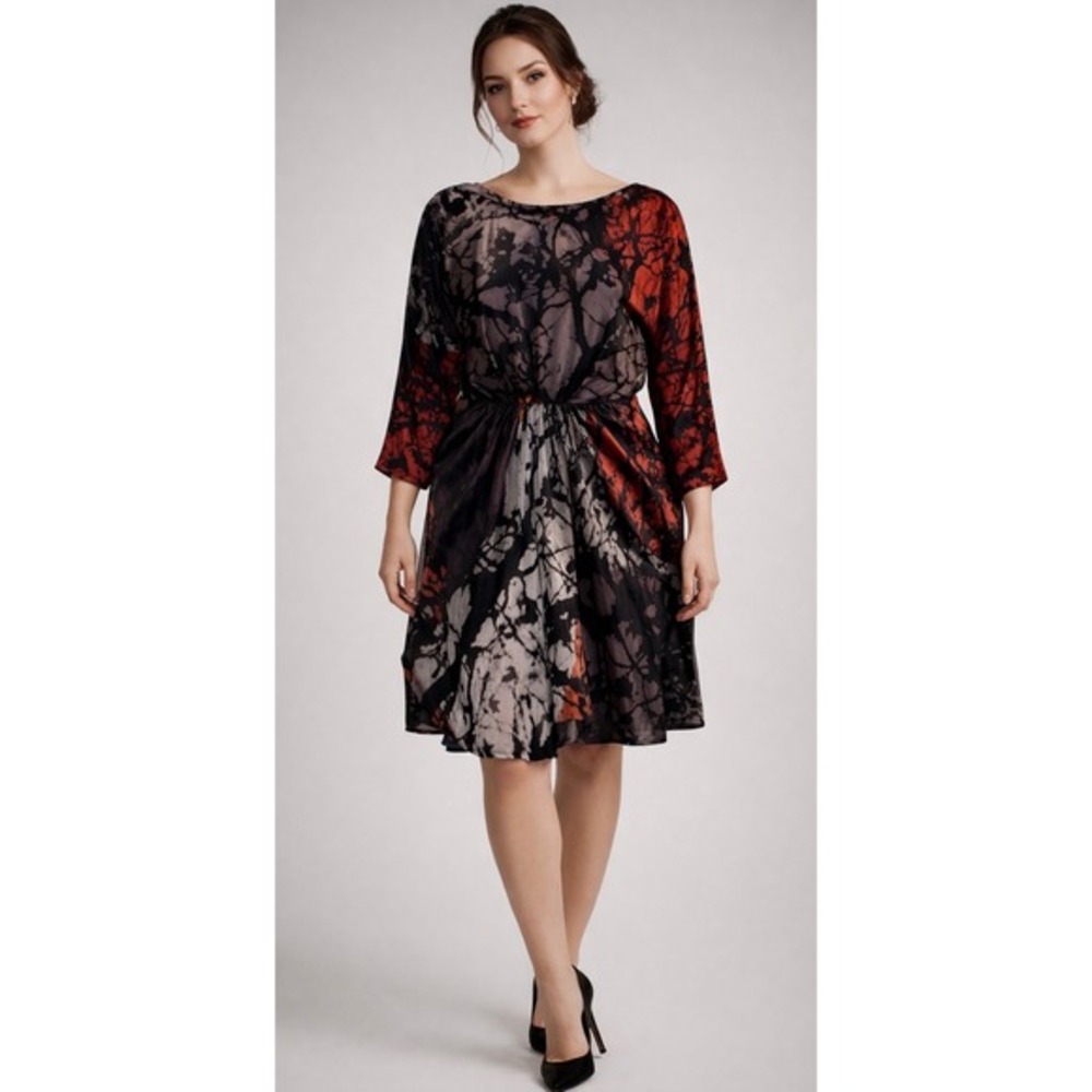 Tibi 100% Silk‎ Dress Abstract Red Black Gray Print Flowy Pleated Waist Elegant